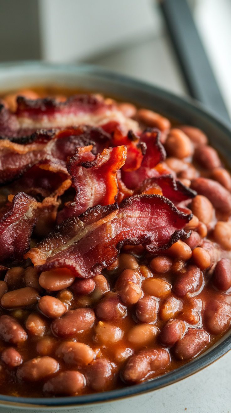 A bowl of smoky pinto beans topped with crispy bacon.