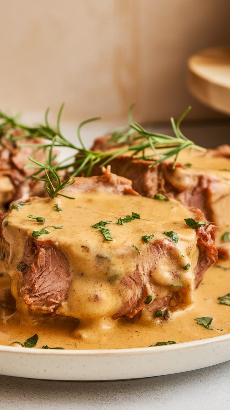 A plate of smothered pork chops garnished with herbs