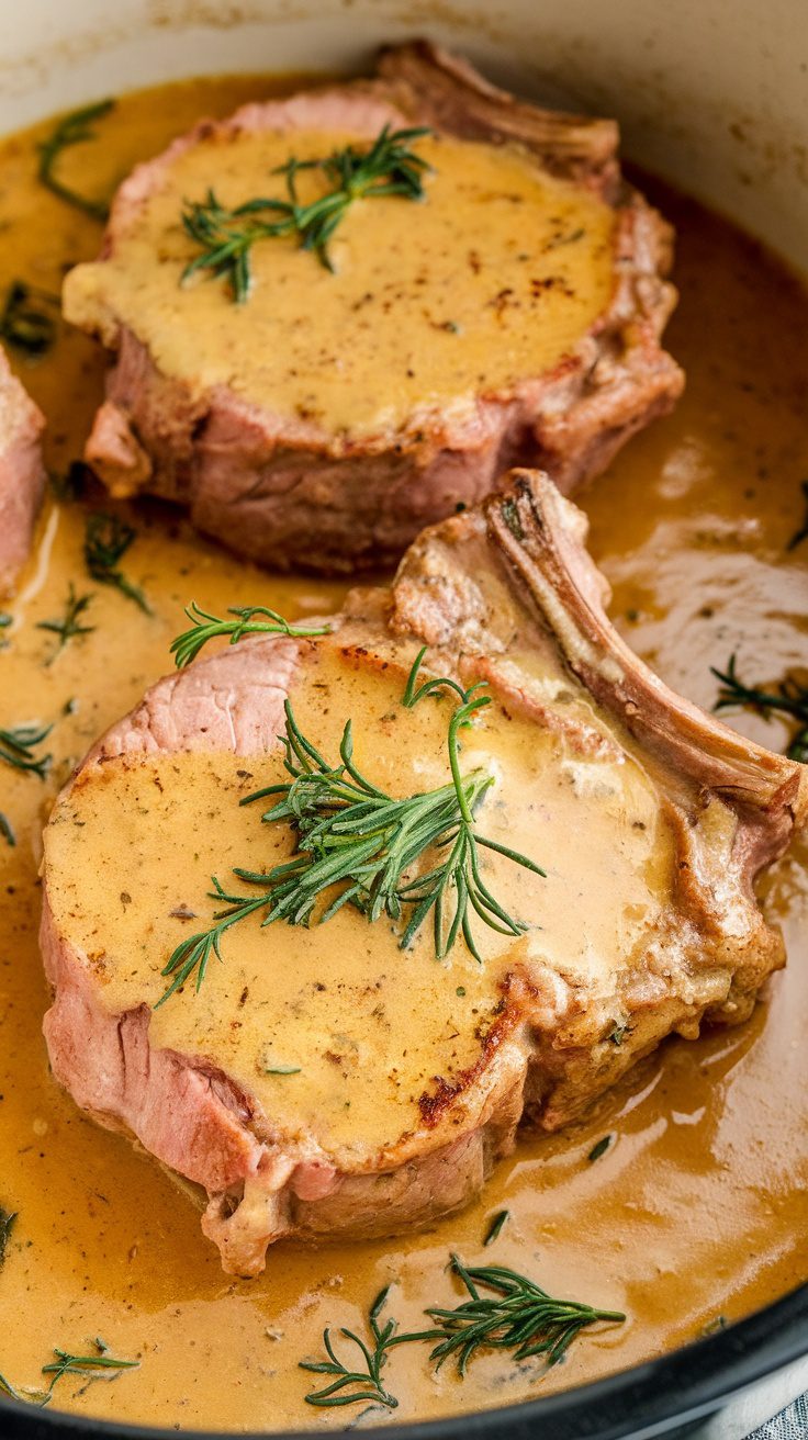 Crockpot Smothered Pork Chops with creamy sauce and herbs