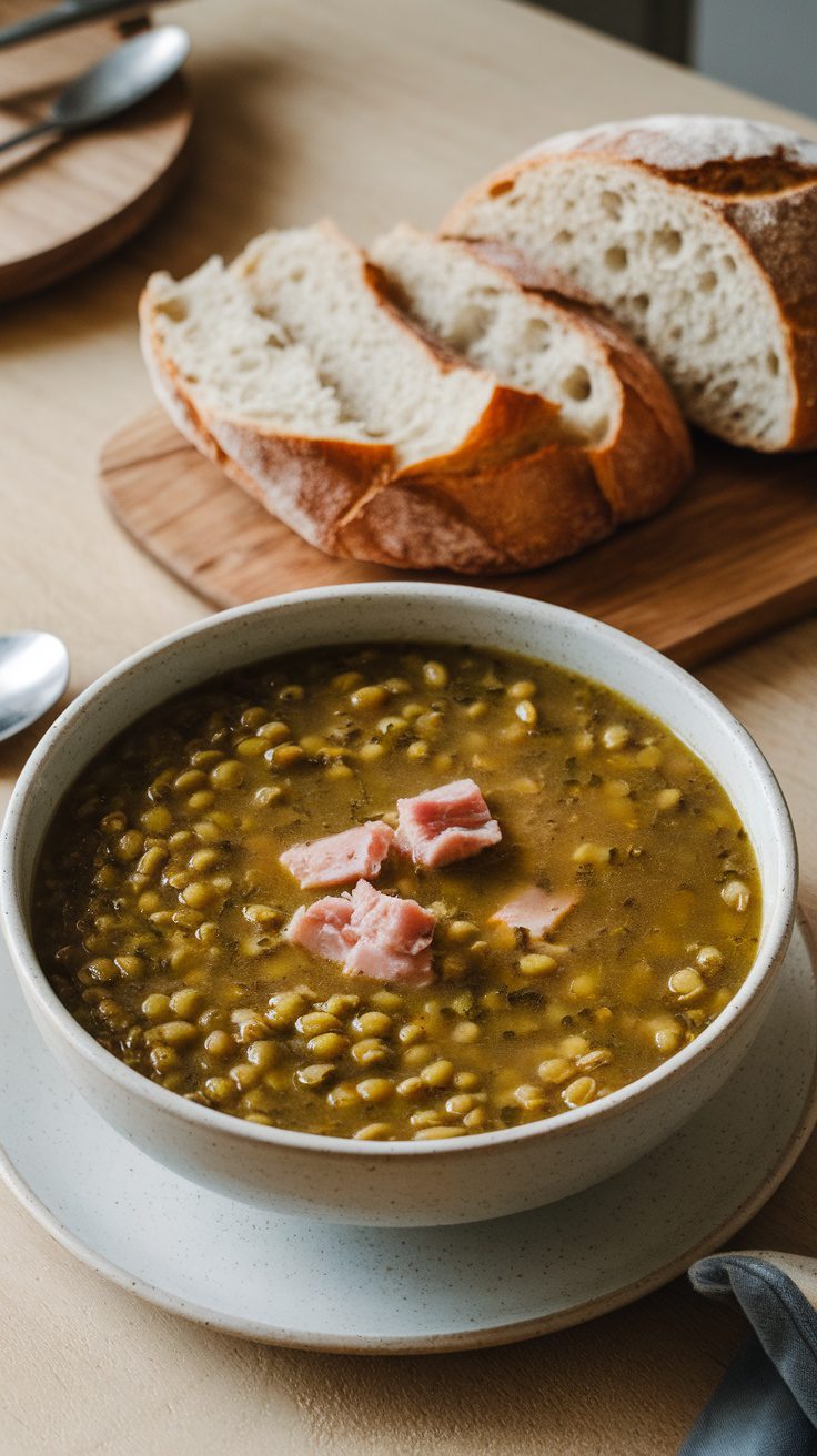 Bowl of split pea soup with ham next to sliced bread.