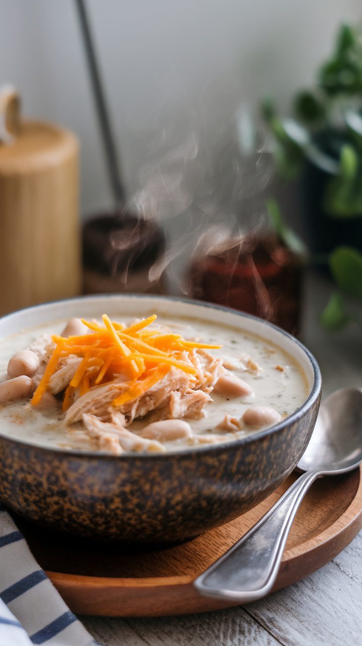 A bowl of white chicken chili topped with shredded cheese, placed on a wooden table with a spoon beside it.