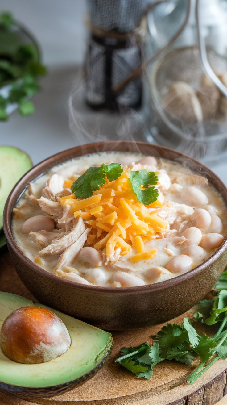 A warm bowl of white chicken chili topped with cheese and cilantro, surrounded by avocado slices.