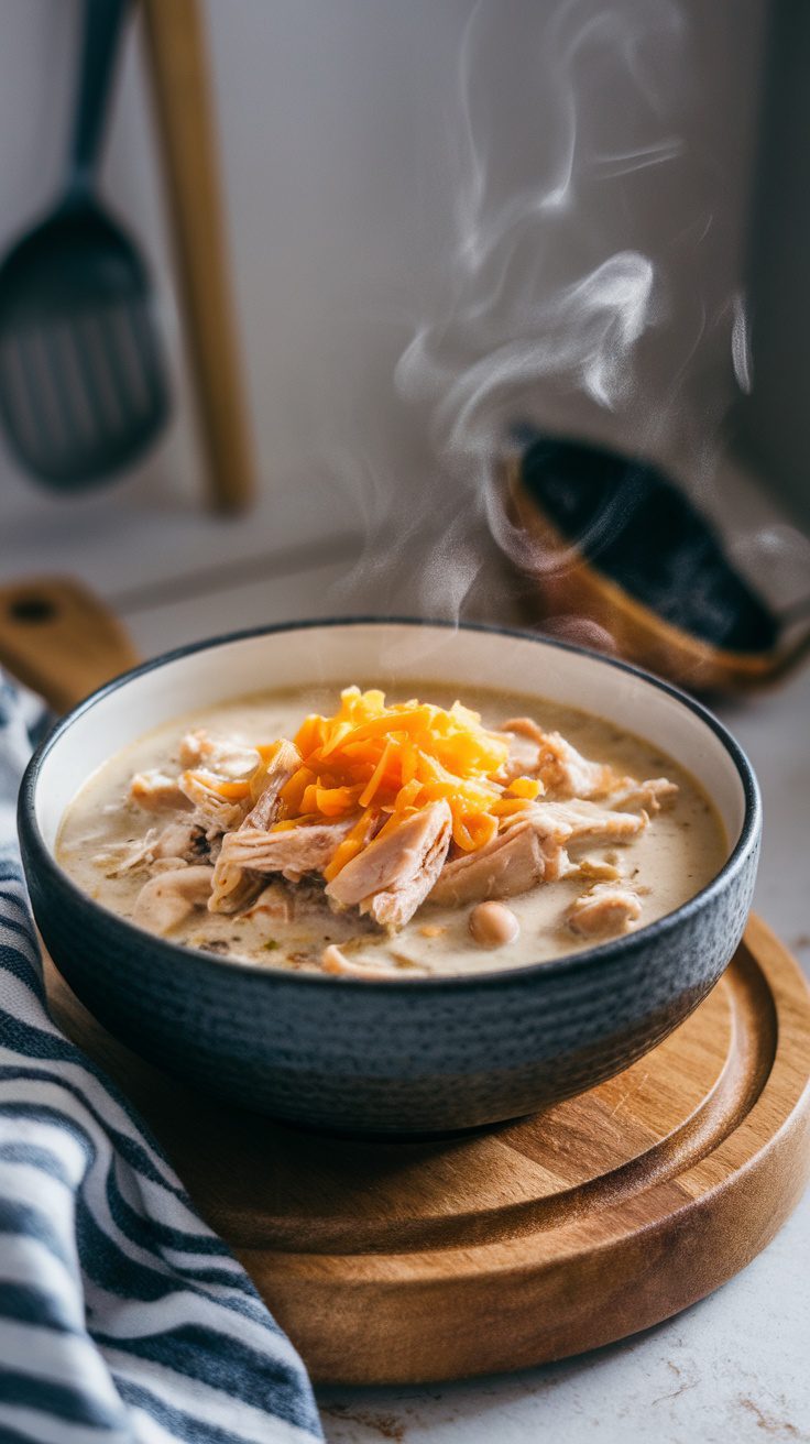 A bowl of steaming white chicken chili topped with shredded chicken and cheese.