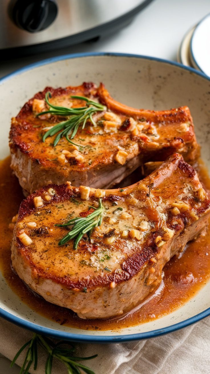 Two garlic parmesan pork chops with rosemary garnish in a bowl next to a crockpot