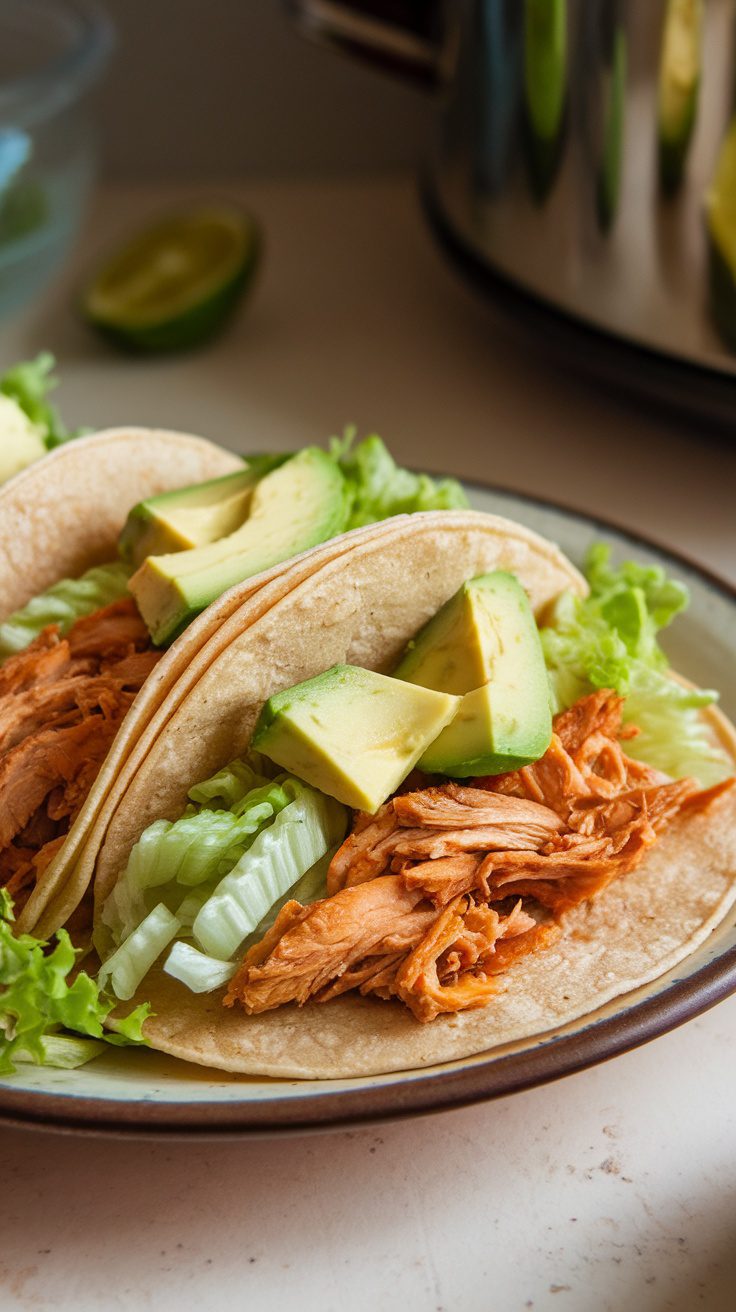 Healthy crockpot chicken tacos served with lettuce and avocado on a plate