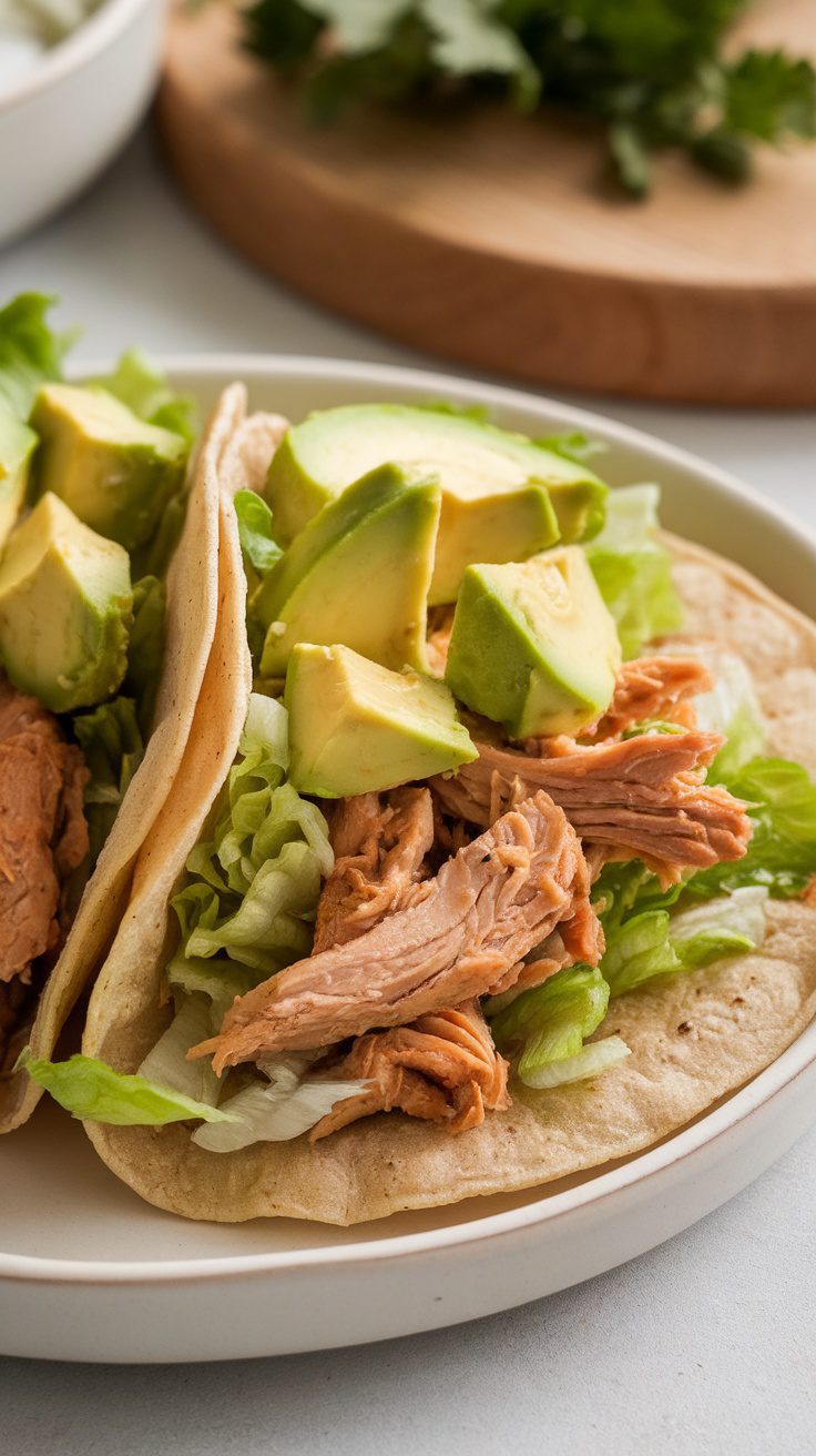 A plate of healthy crockpot chicken tacos topped with lettuce and avocado.