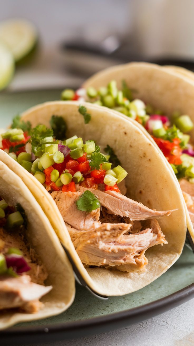 Three healthy chicken tacos topped with fresh vegetables