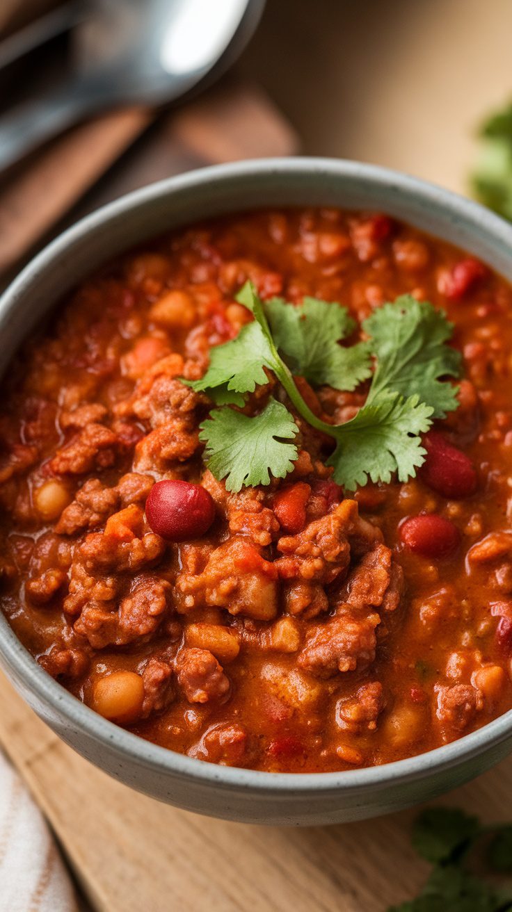 Bowl of healthy ground beef crockpot chili with cilantro on top.