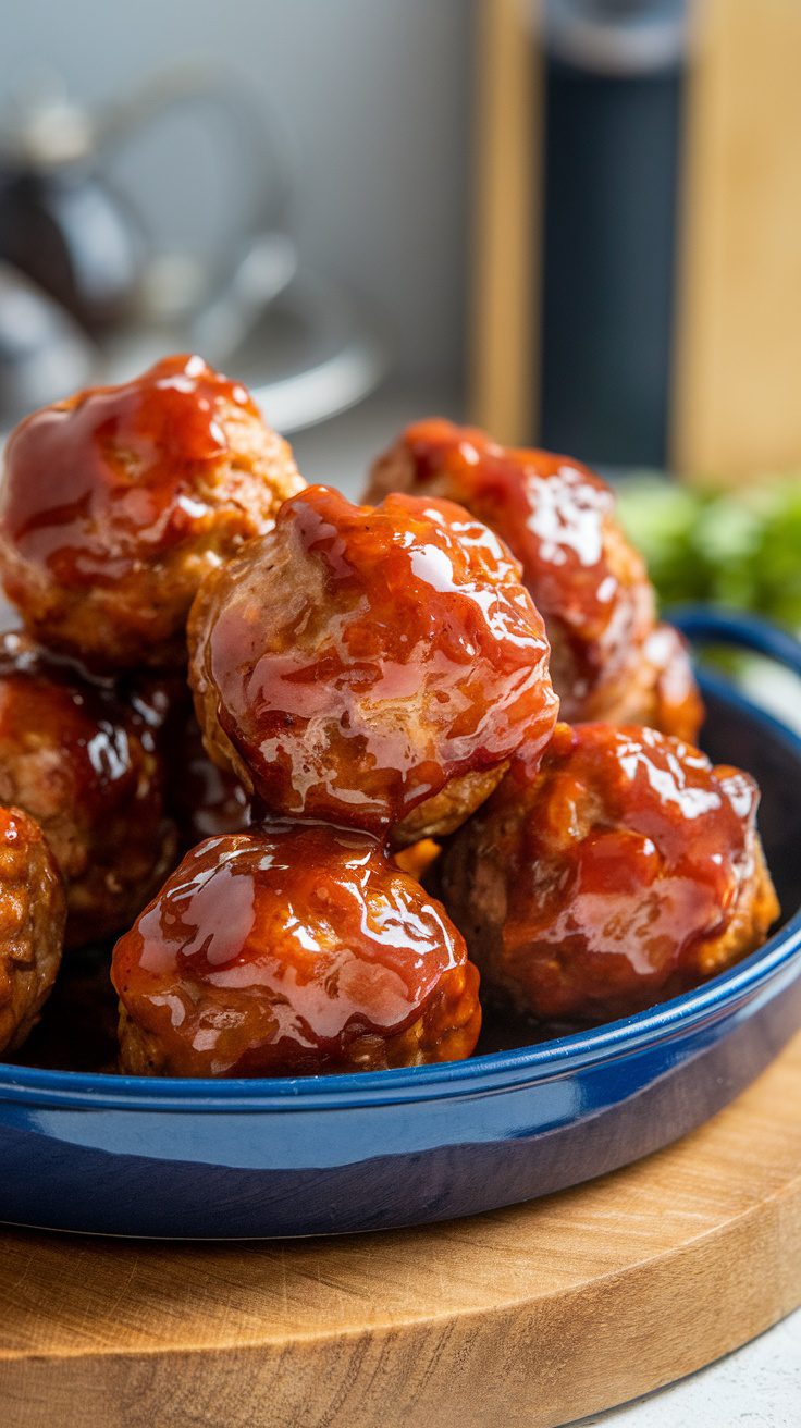 A plate of honey BBQ meatballs glistening with sauce, stacked neatly.