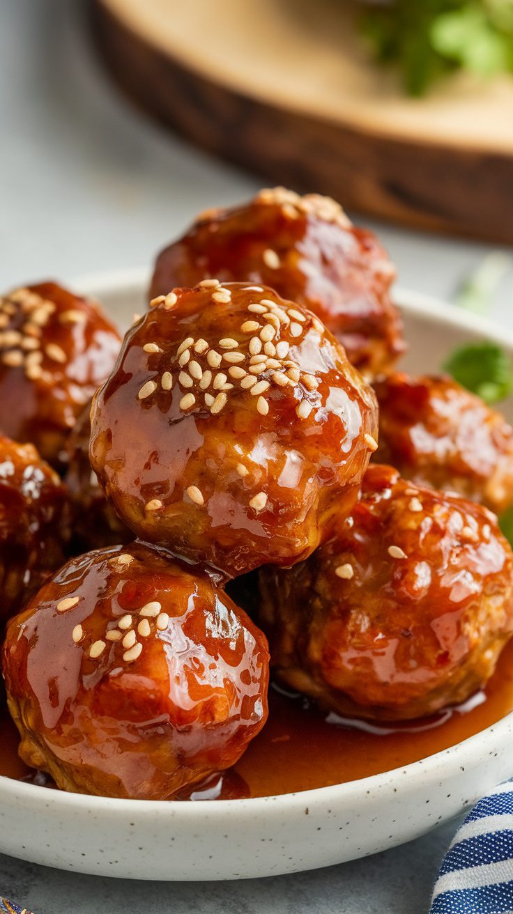 Delicious honey BBQ meatballs in a slow cooker, glazed with sauce and garnished with sesame seeds.