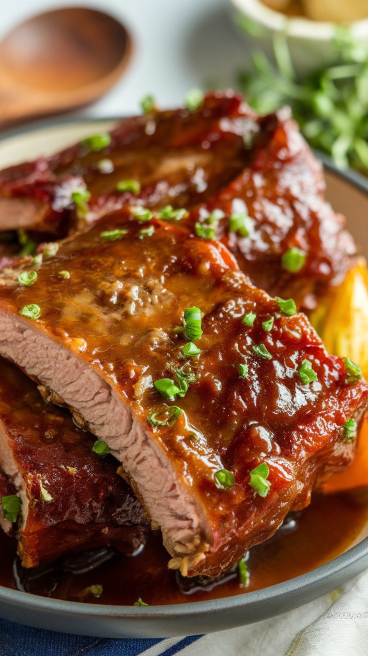 Honey garlic crockpot short ribs served in a bowl