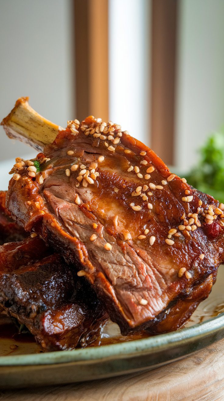 A close-up of Korean BBQ style short ribs garnished with sesame seeds