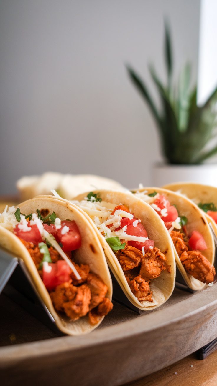 Crockpot chicken tacos with toppings in a taco holder