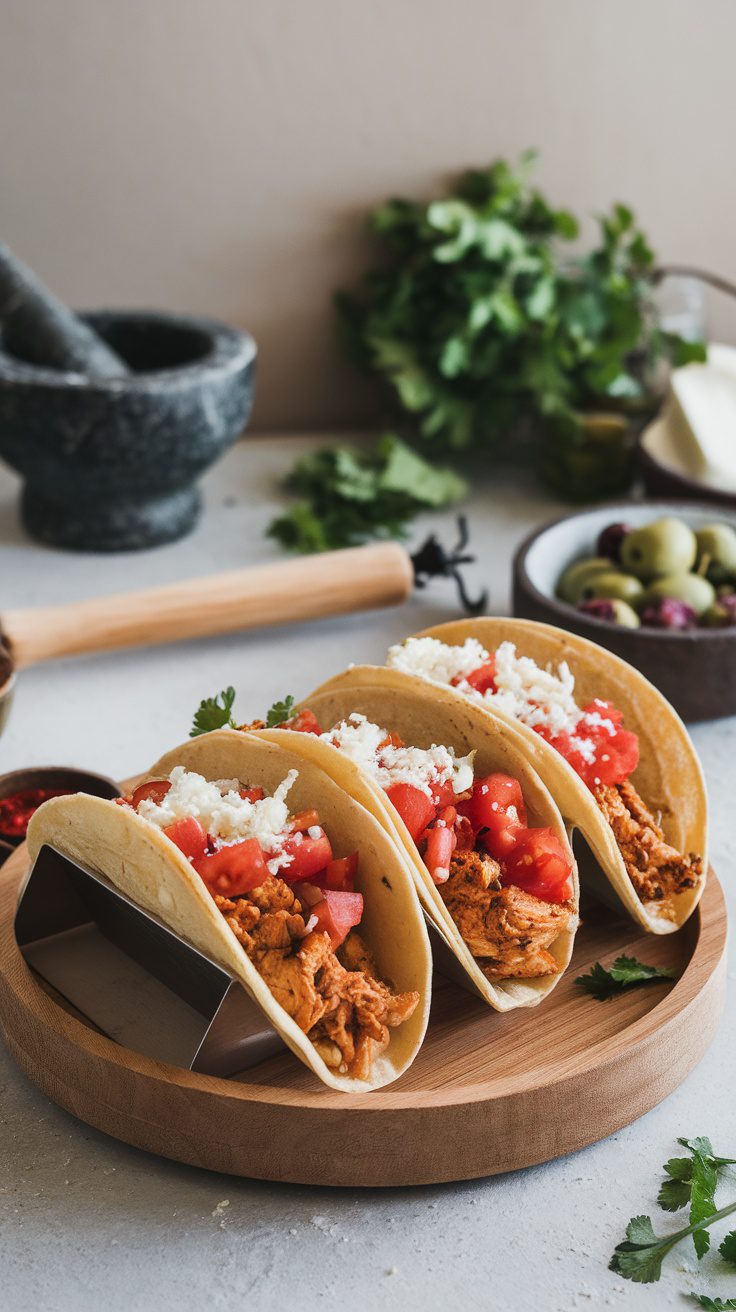 Three tacos filled with shredded chicken, tomatoes, and cheese on a wooden platter.