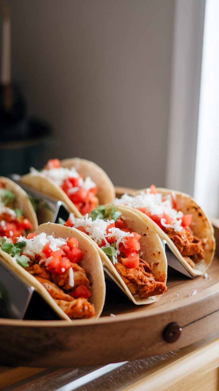 Mexican-style crockpot chicken tacos with toppings