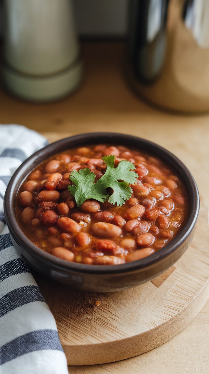 Bowl of Mexican-style pinto beans garnished with cilantro on a wooden surface.