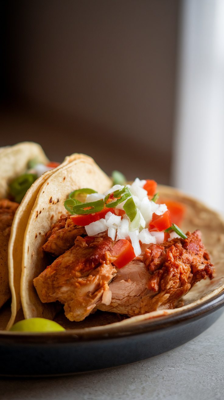 Delicious Mexican style chicken tacos topped with fresh vegetables.