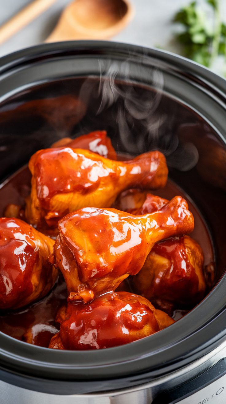 Slow cooker BBQ chicken drumsticks in a black crockpot with sauce