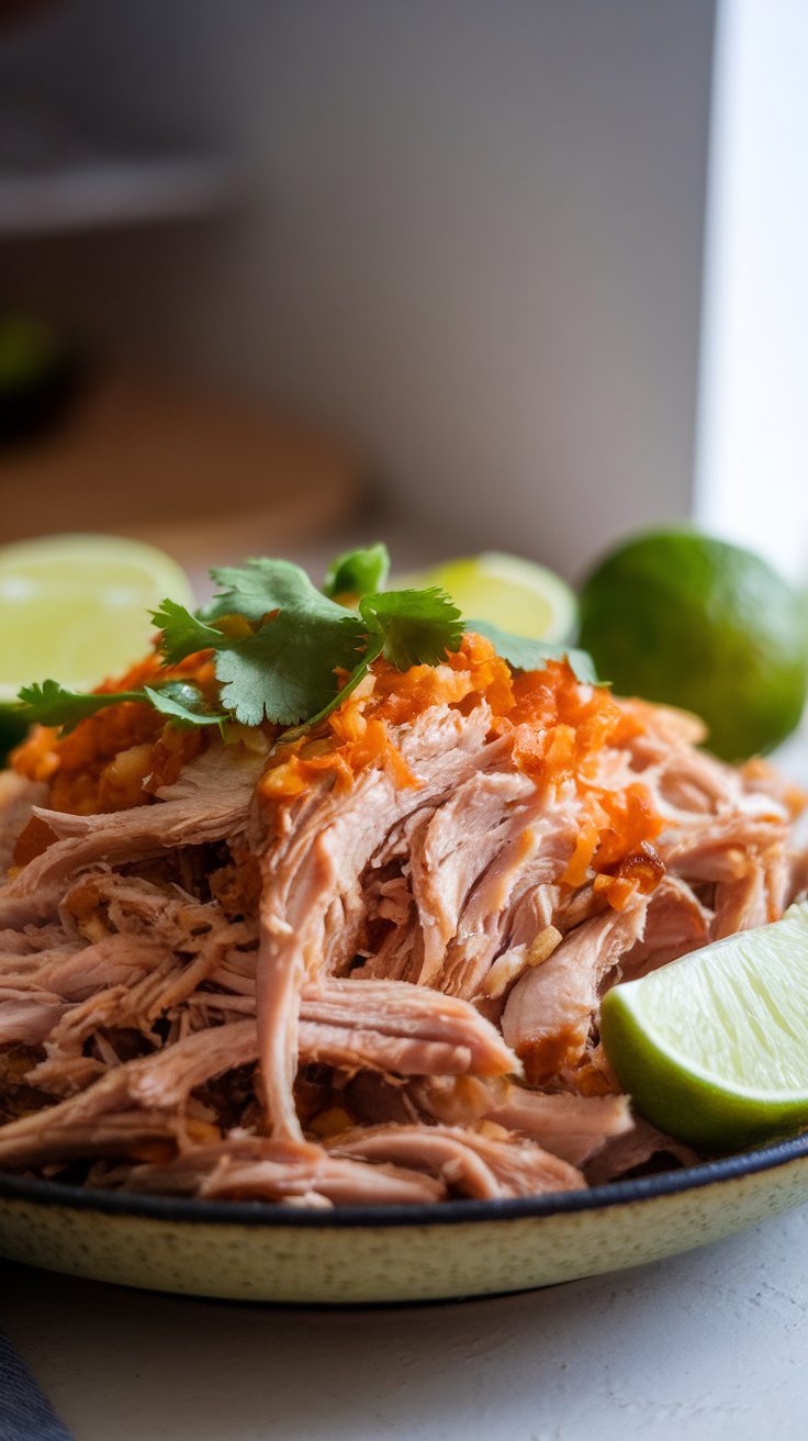 Delicious and tender slow cooker carnitas chicken served with lime and cilantro.