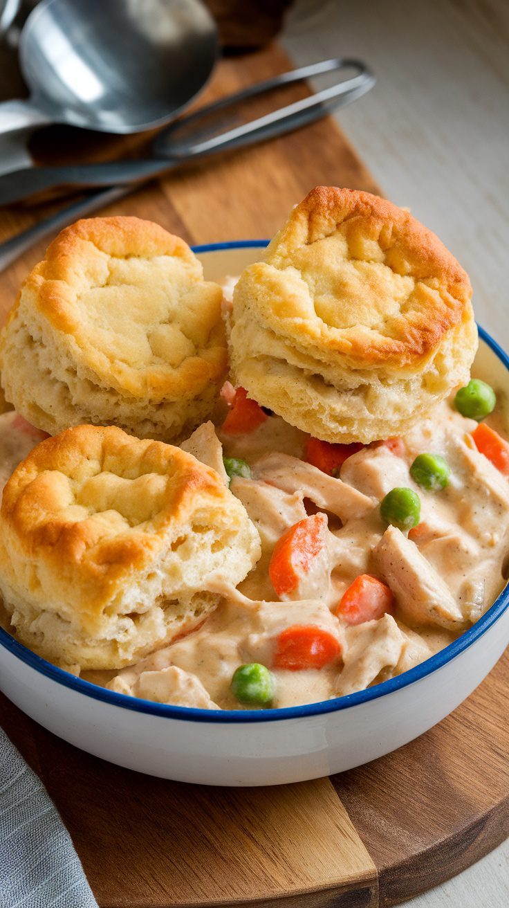 A bowl of chicken pot pie with flaky biscuits on top.