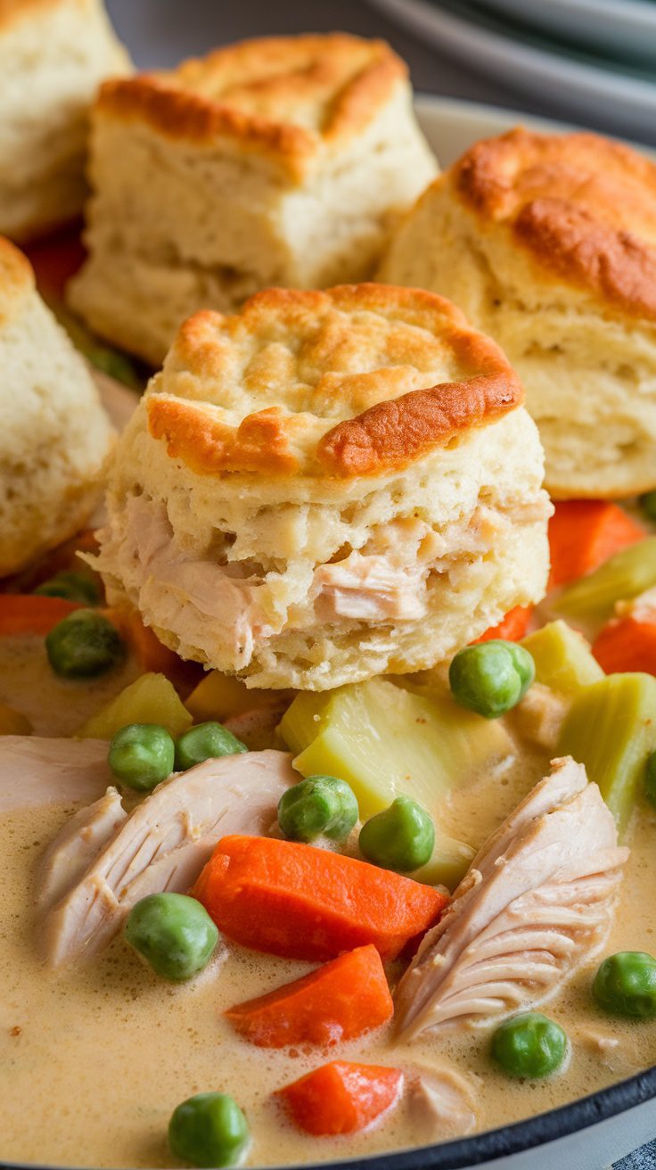 A delicious slow cooker chicken pot pie with biscuits, chicken, and vegetables.