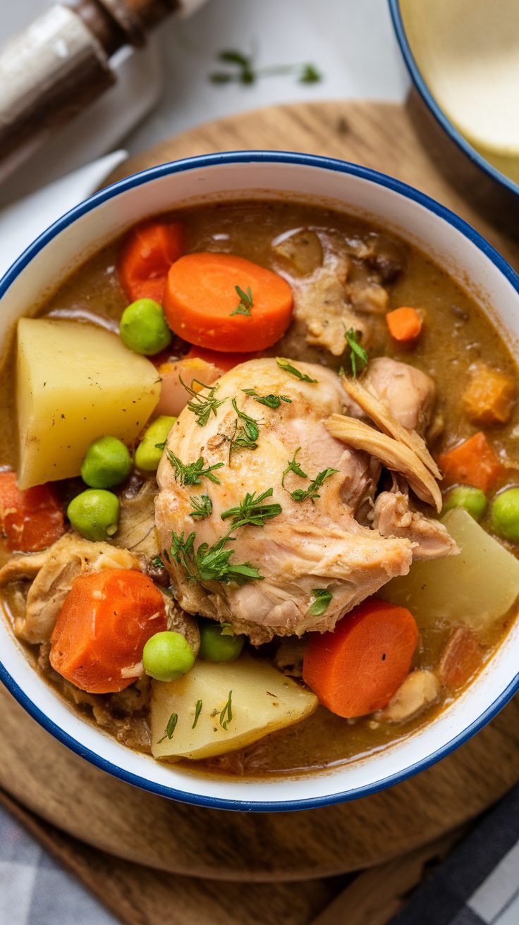 A bowl of chicken stew with carrots, potatoes, and peas.