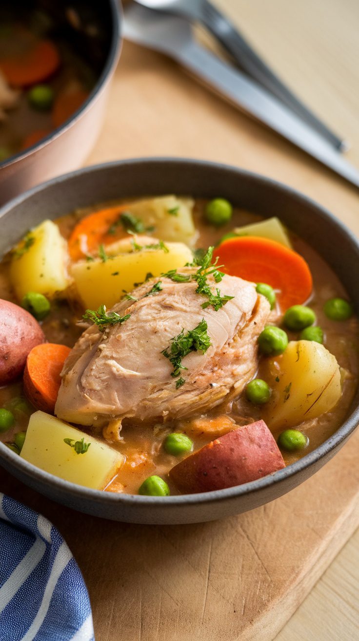 A bowl of chicken stew with carrots, potatoes, and peas, garnished with parsley.