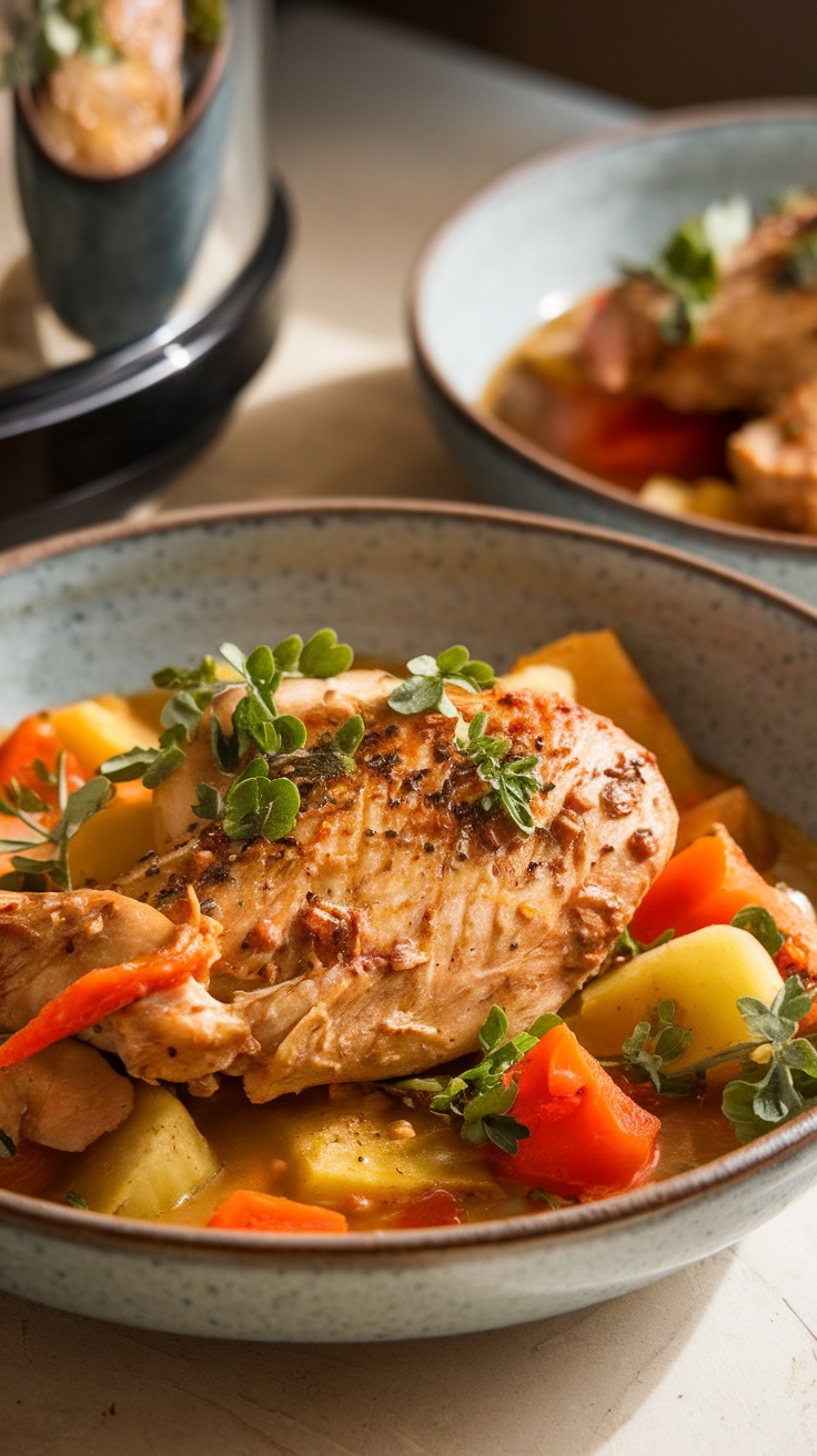 A bowl of chicken stew featuring chicken breast, carrots, and potatoes with herbs