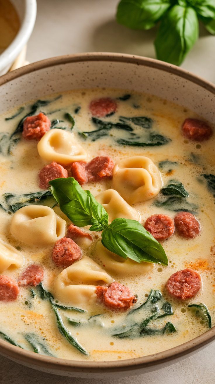 Bowl of creamy tortellini soup with spinach and sausage garnished with basil.