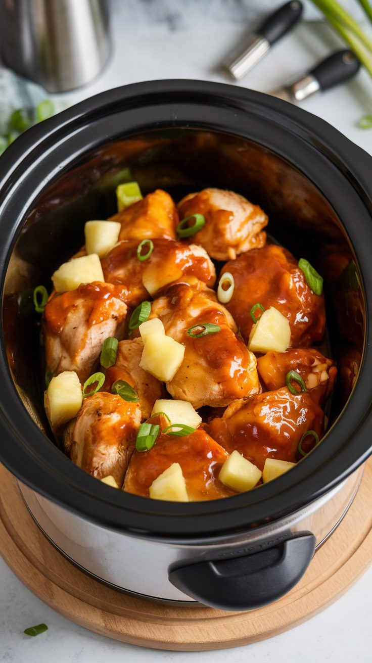 A slow cooker filled with Hawaiian pineapple chicken topped with green onions and pineapple chunks.