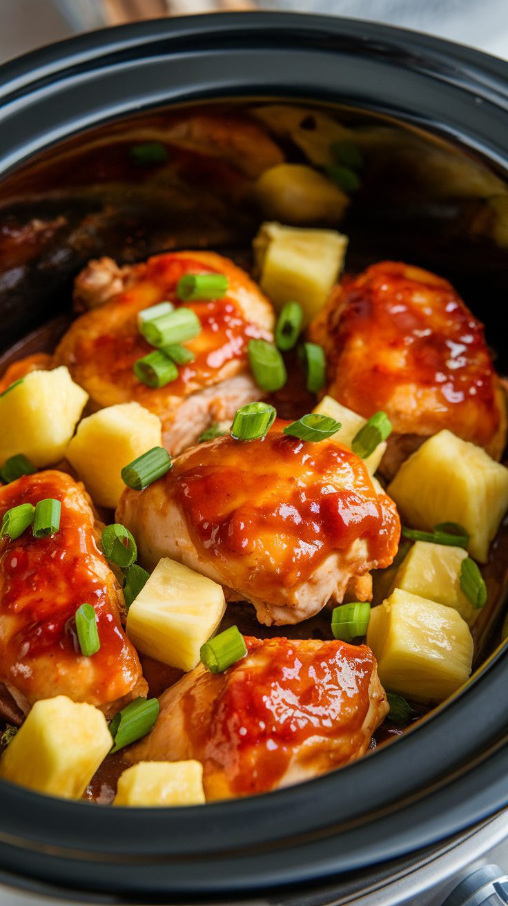 Slow cooker with chicken and pineapple chunks