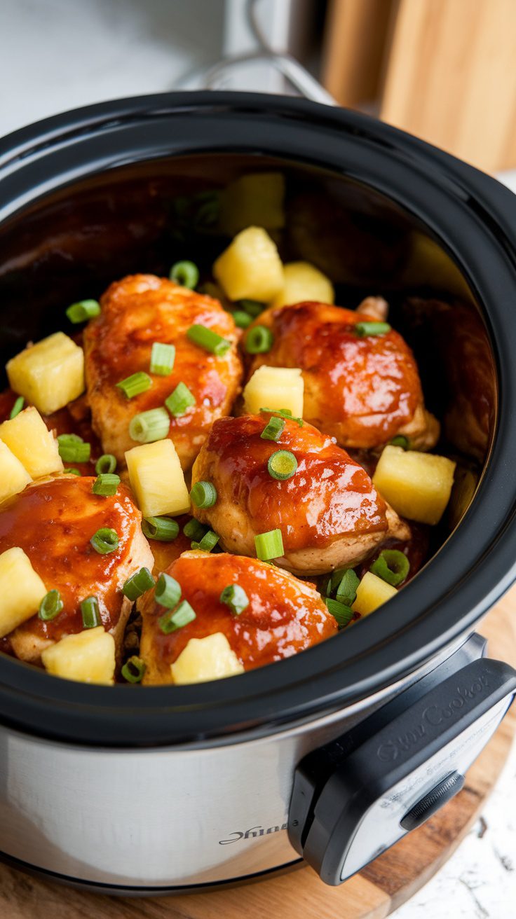 Slow Cooker Hawaiian Pineapple Chicken with pineapple chunks and green onions