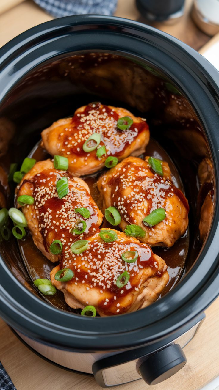 Slow cooker honey garlic chicken with green onions and sesame seeds