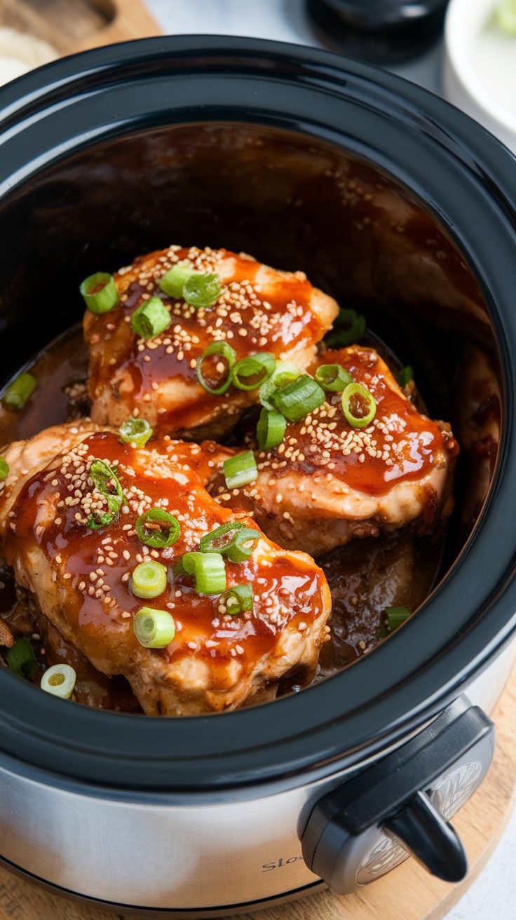 Honey garlic chicken in a slow cooker with green onions