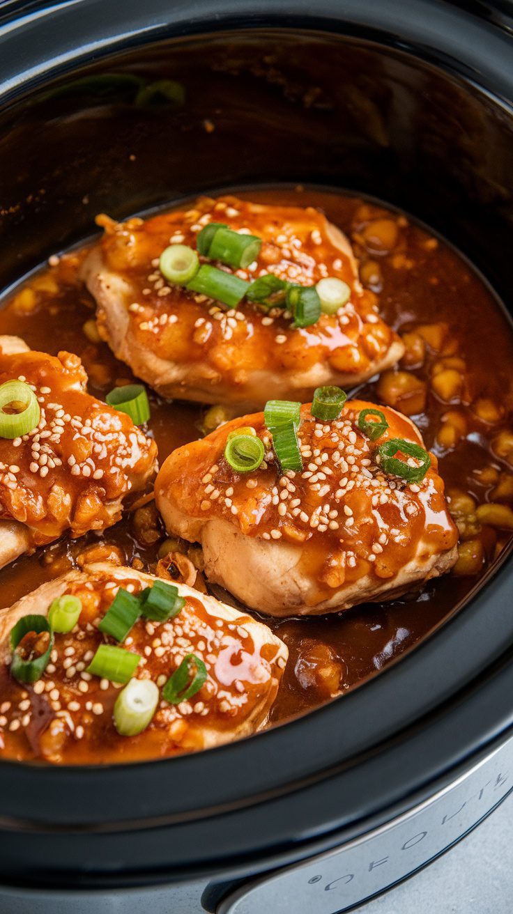 Slow Cooker Honey Garlic Chicken with sesame seeds and green onions