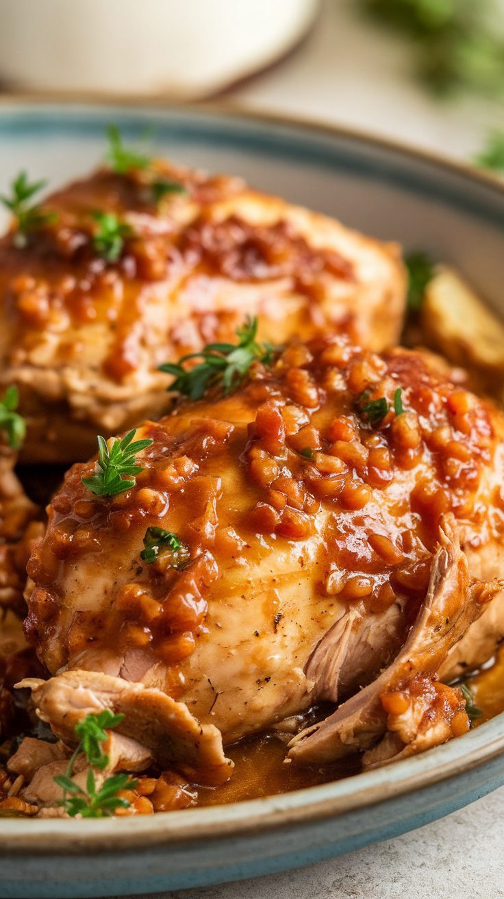 Plate of honey garlic chicken with herbs on top.