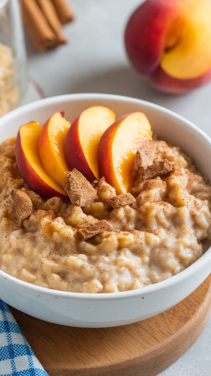 A bowl of peach cobbler oatmeal topped with peach slices and cinnamon.