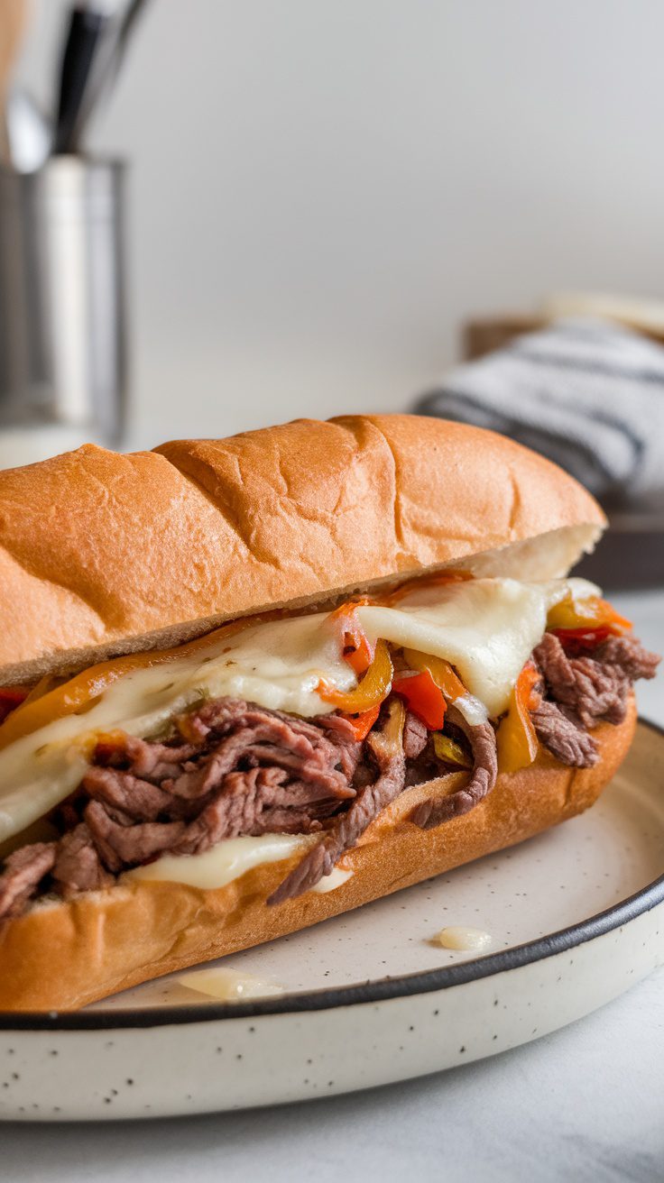 A close-up of a Philly cheesesteak sandwich with beef, peppers, and melted cheese on a bun.