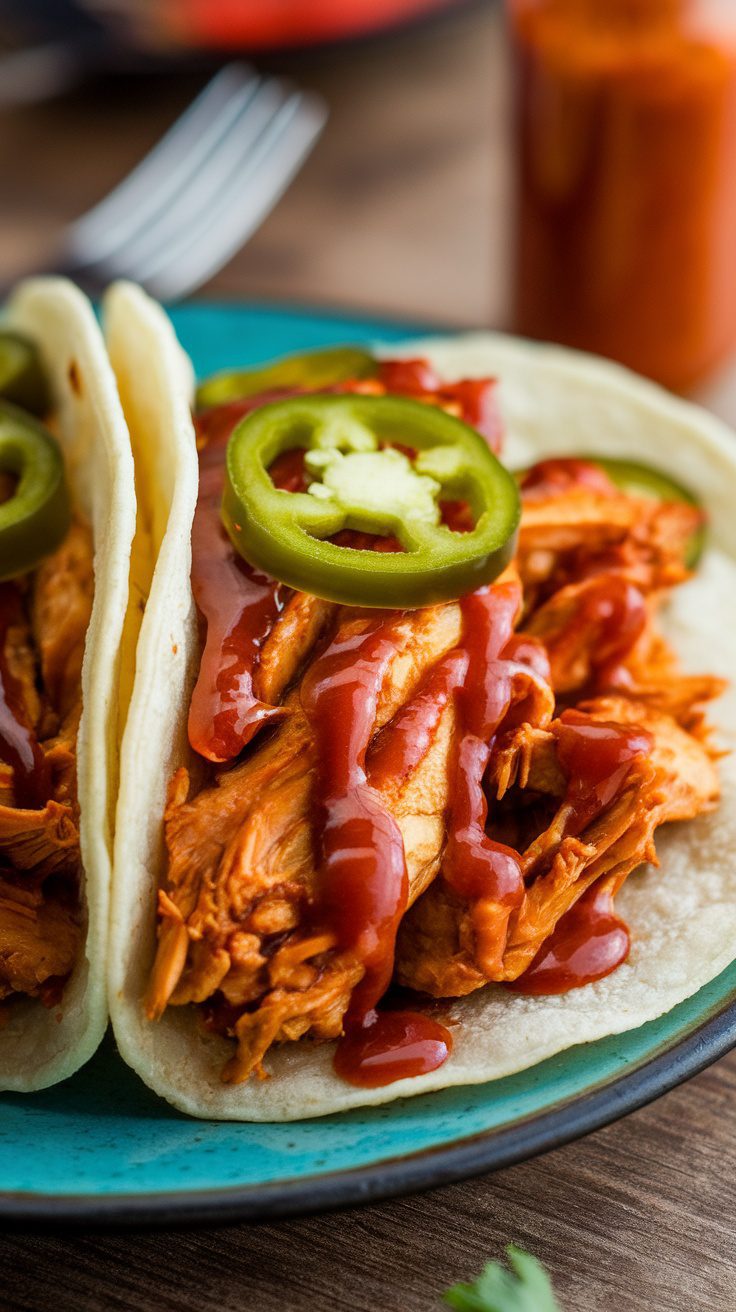 Spicy crockpot chicken tacos on a plate