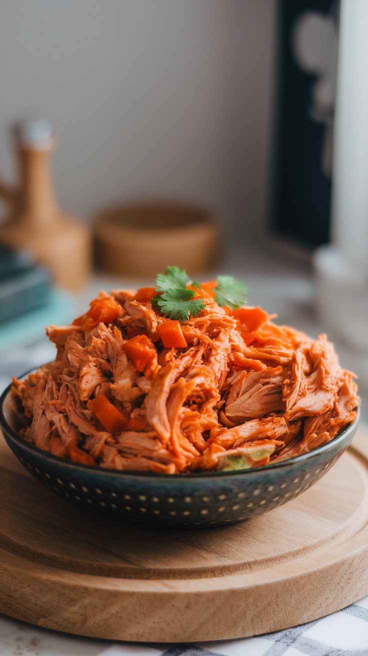 A bowl of shredded spicy chicken with colorful toppings, ready for tacos.