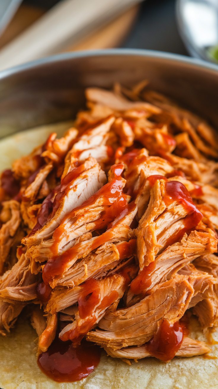 A close-up of shredded spicy chicken on a tortilla, ready for tacos.