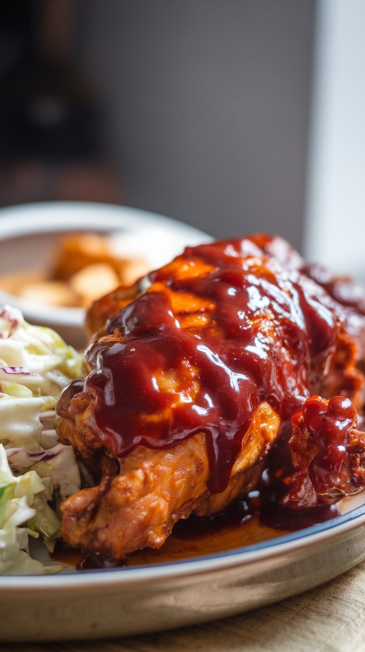 Plate of Sweet Baby Ray's Crockpot Chicken with BBQ sauce and coleslaw