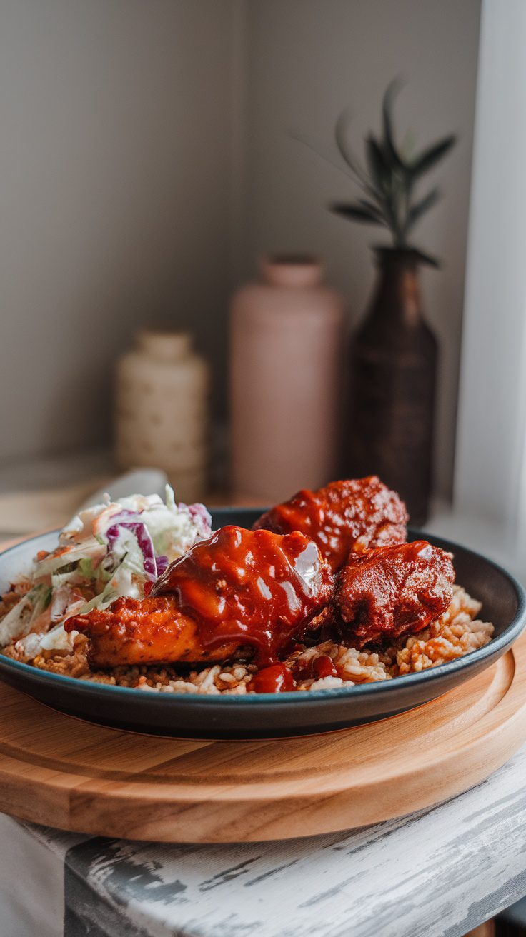 Plate of Sweet Baby Ray's Crockpot Chicken served with rice and coleslaw.