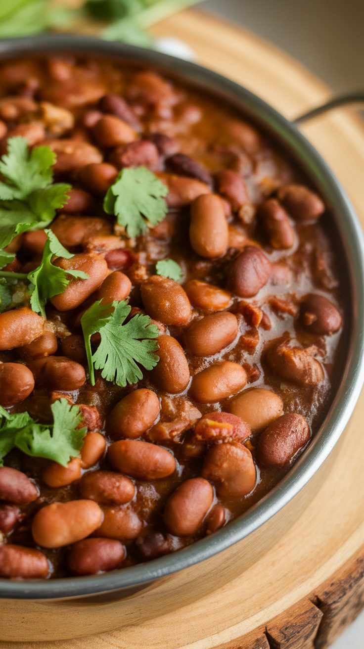 A close-up of pinto beans cooked in a slow cooker, garnished with fresh cilantro.