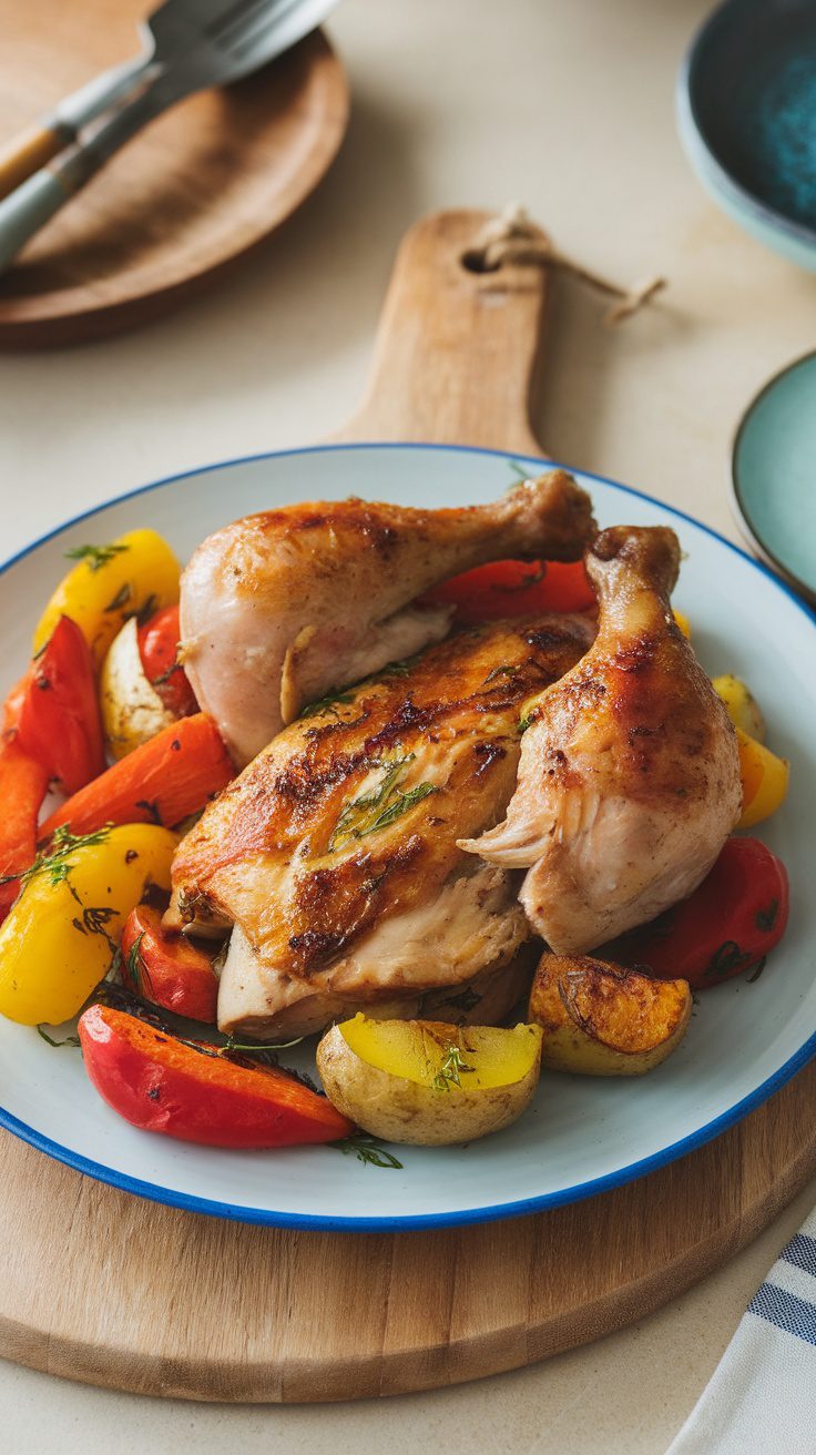 A plate of Whole30 Crockpot Chicken and Vegetables featuring roasted chicken and colorful vegetables.