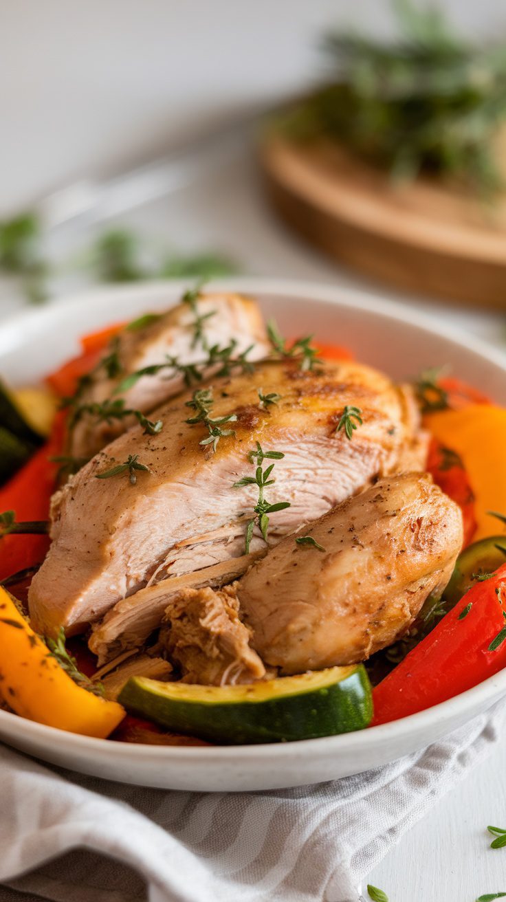 Plate of Whole30 crockpot chicken breast and colorful vegetables