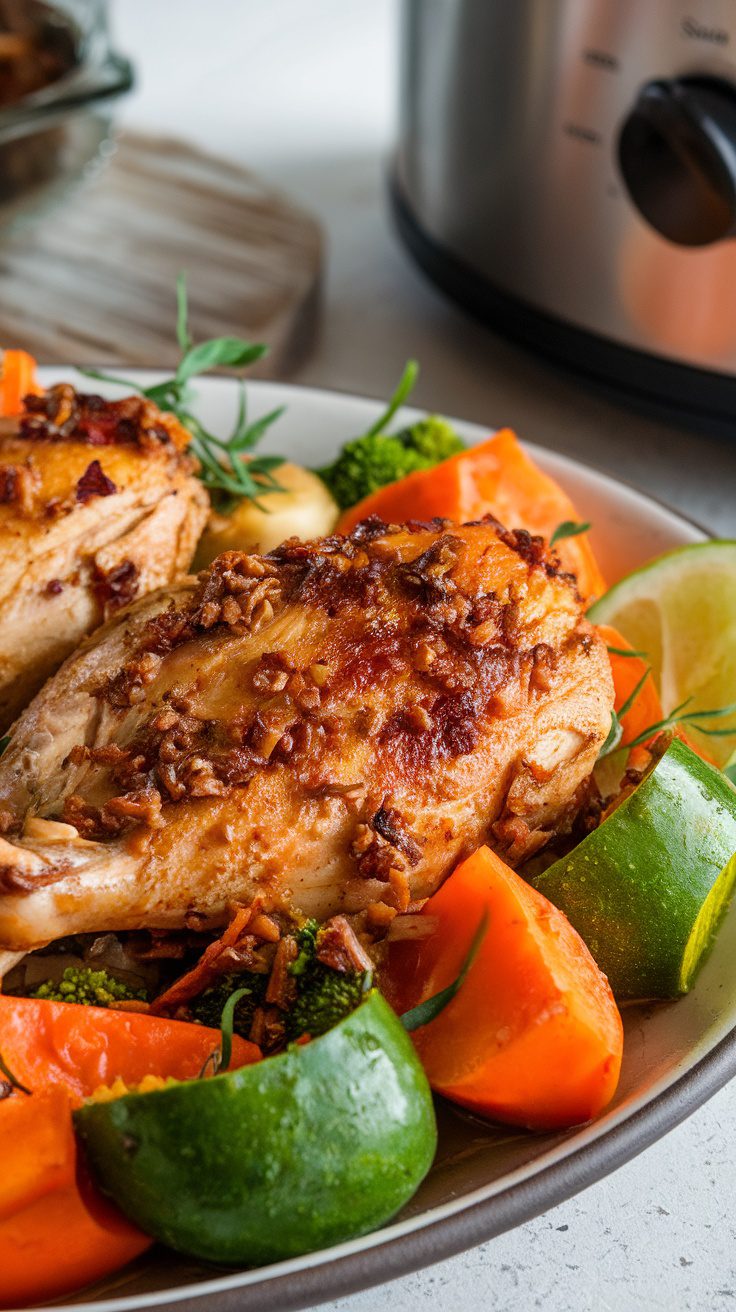 A plate of whole30 crockpot chicken with vegetables.