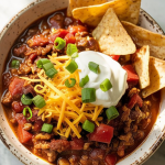 A close-up of a bowl of crockpot no bean chili, topped with shredded cheddar cheese, sour cream, and sliced green onions, with a side of tortilla chips