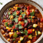 a hearty bowl of vegetarian chili topped with fresh chopped cilantro, colorful and steamy, served in a rustic bowl