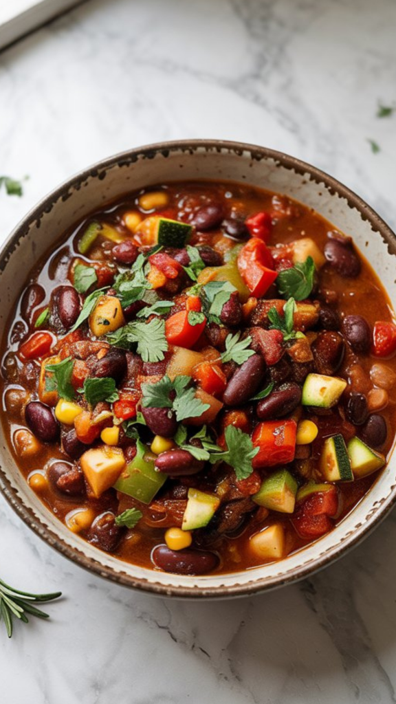 a hearty bowl of vegetarian chili topped with fresh chopped cilantro, colorful and steamy, served in a rustic bowl